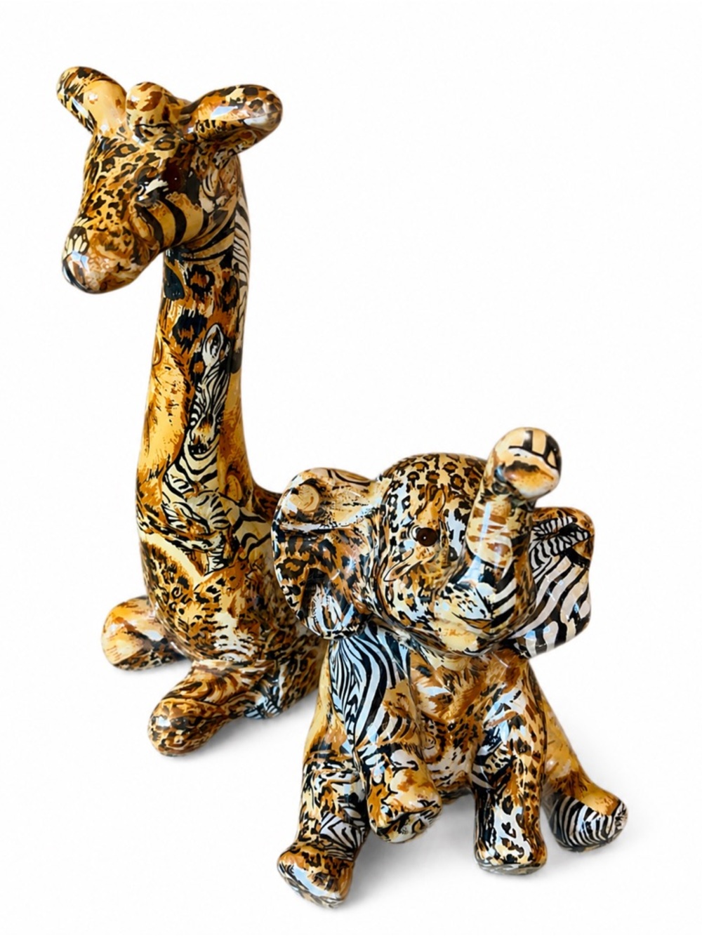 La Vie Safari Elephant & Giraffe Figurine Set Patchwork Glazed Boho Jungle Decor